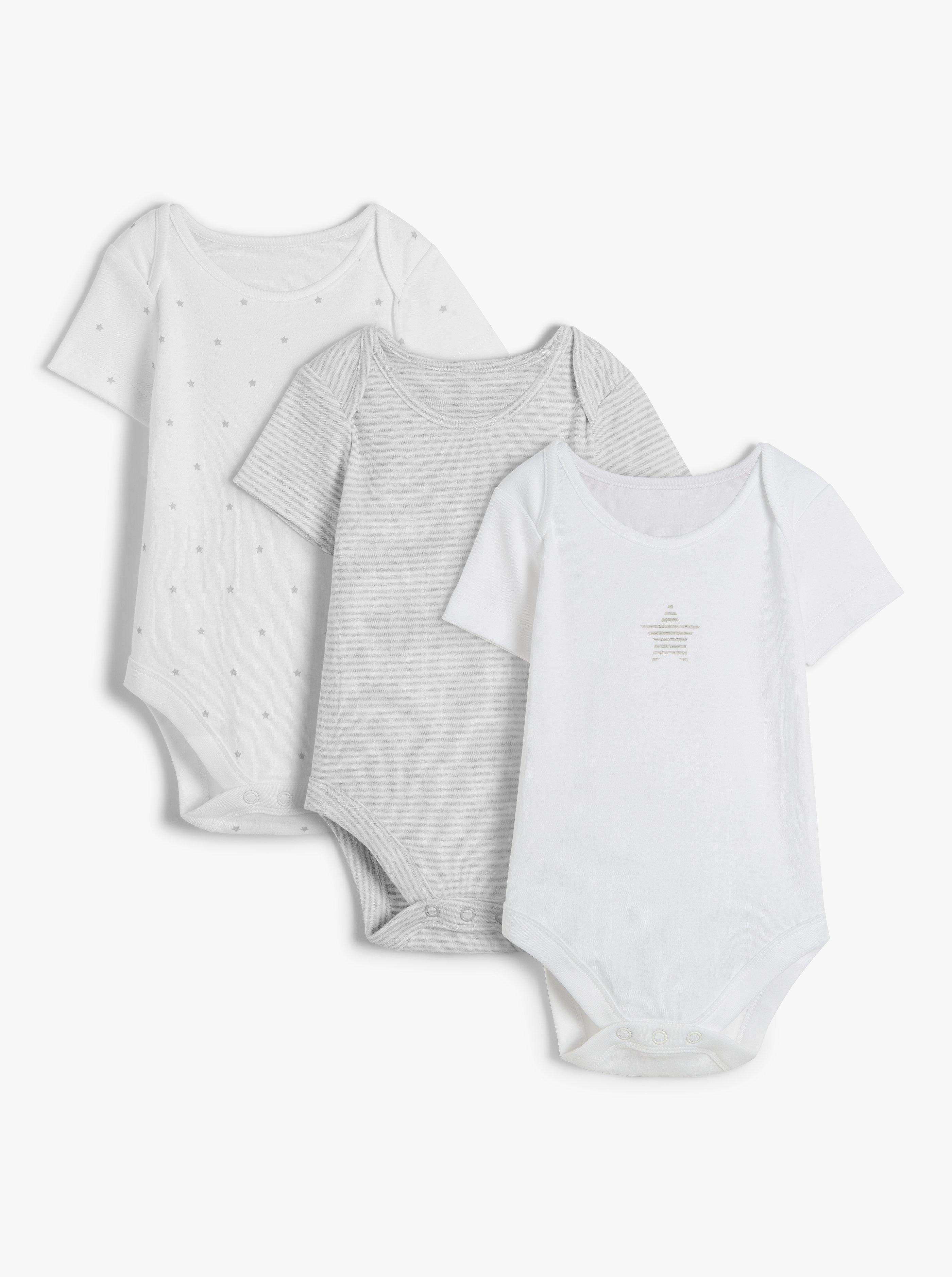 John Lewis Baby GOTS Organic Cotton Stars and Stripe Bodysuits, Pack of 3, Grey/White