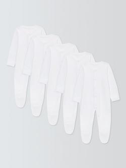 John Lewis Baby Long Sleeve GOTS Organic Cotton Sleepsuit, Pack of 5, White, White