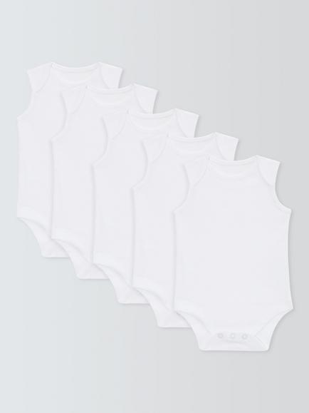 John Lewis Baby Sleeveless Organic GOTS Cotton Bodysuits, Pack of 5, White, White