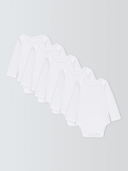 John Lewis Baby Long Sleeve GOTS Organic Cotton Bodysuit, Pack of 5, White, White