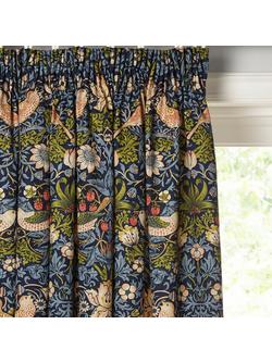 Morris & Co. Strawberry Thief Pair Lined Pencil Pleat Curtains, Indigo, Indigo