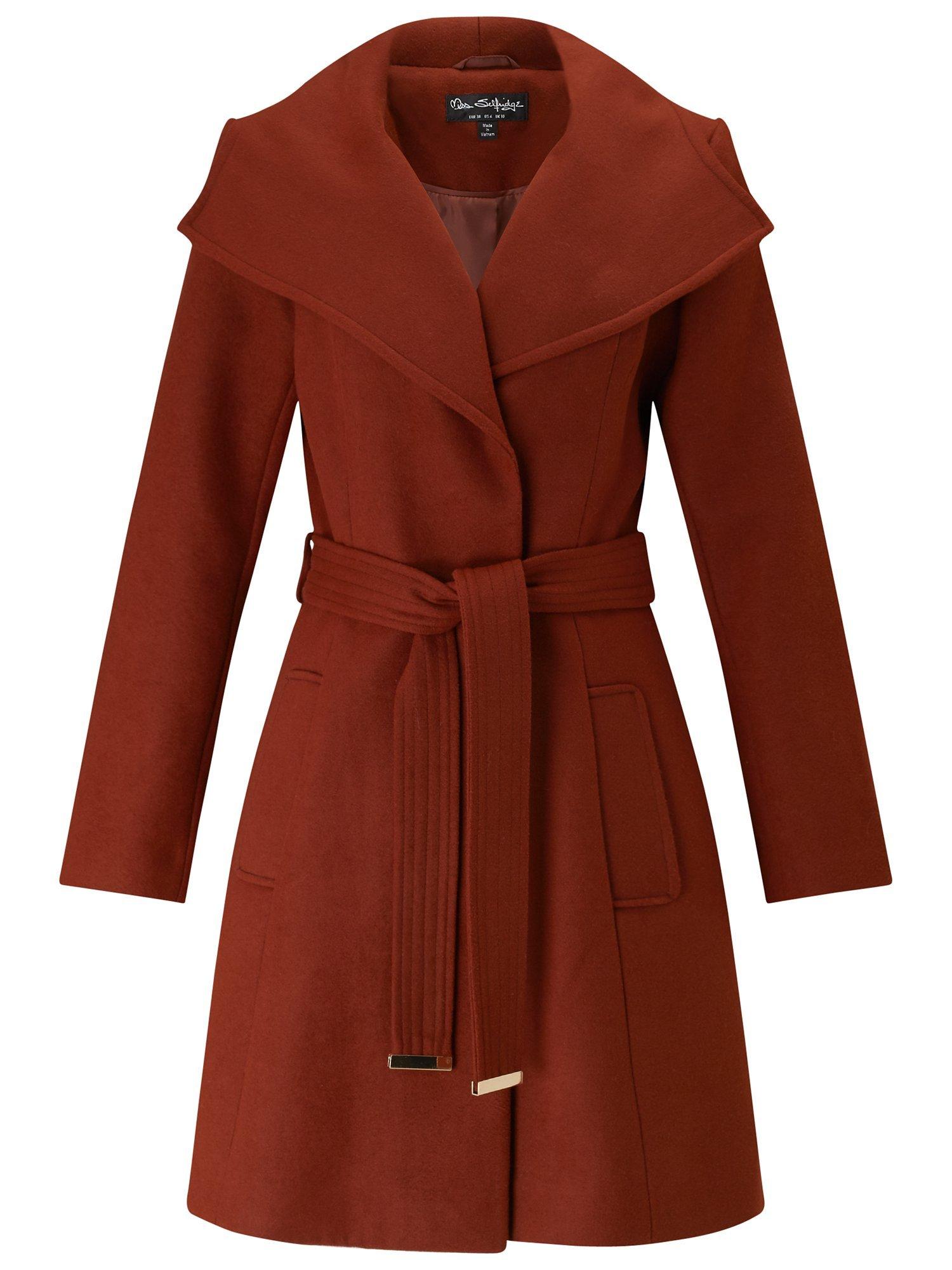 Miss Selfridge Wrap Fit And Flare Coat, Rust