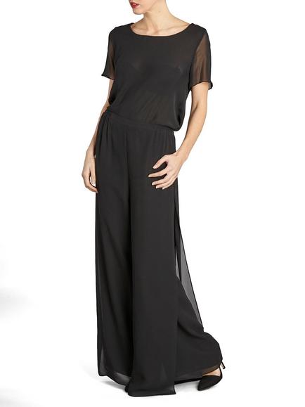 Gina Bacconi Layered Chiffon Wide Leg Side Slit Trousers, Black