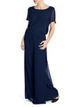 Gina Bacconi Layered Chiffon Wide Leg Side Slit Trousers, Navy