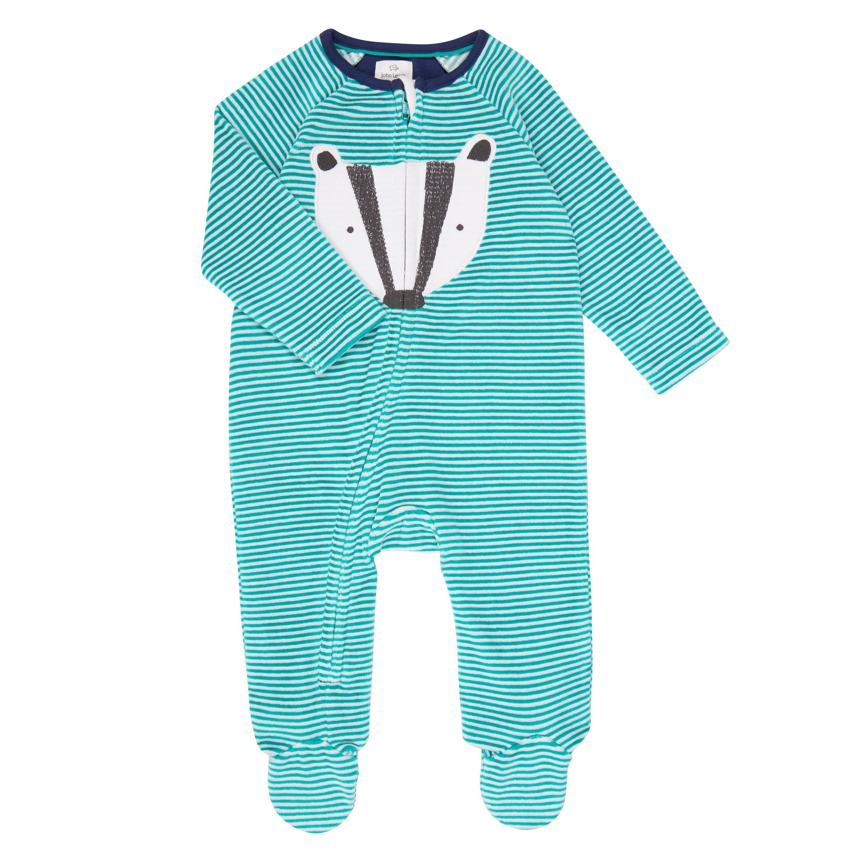 John Lewis & Partners Baby Velstripe Badger Zip Sleepsuit, Green/White