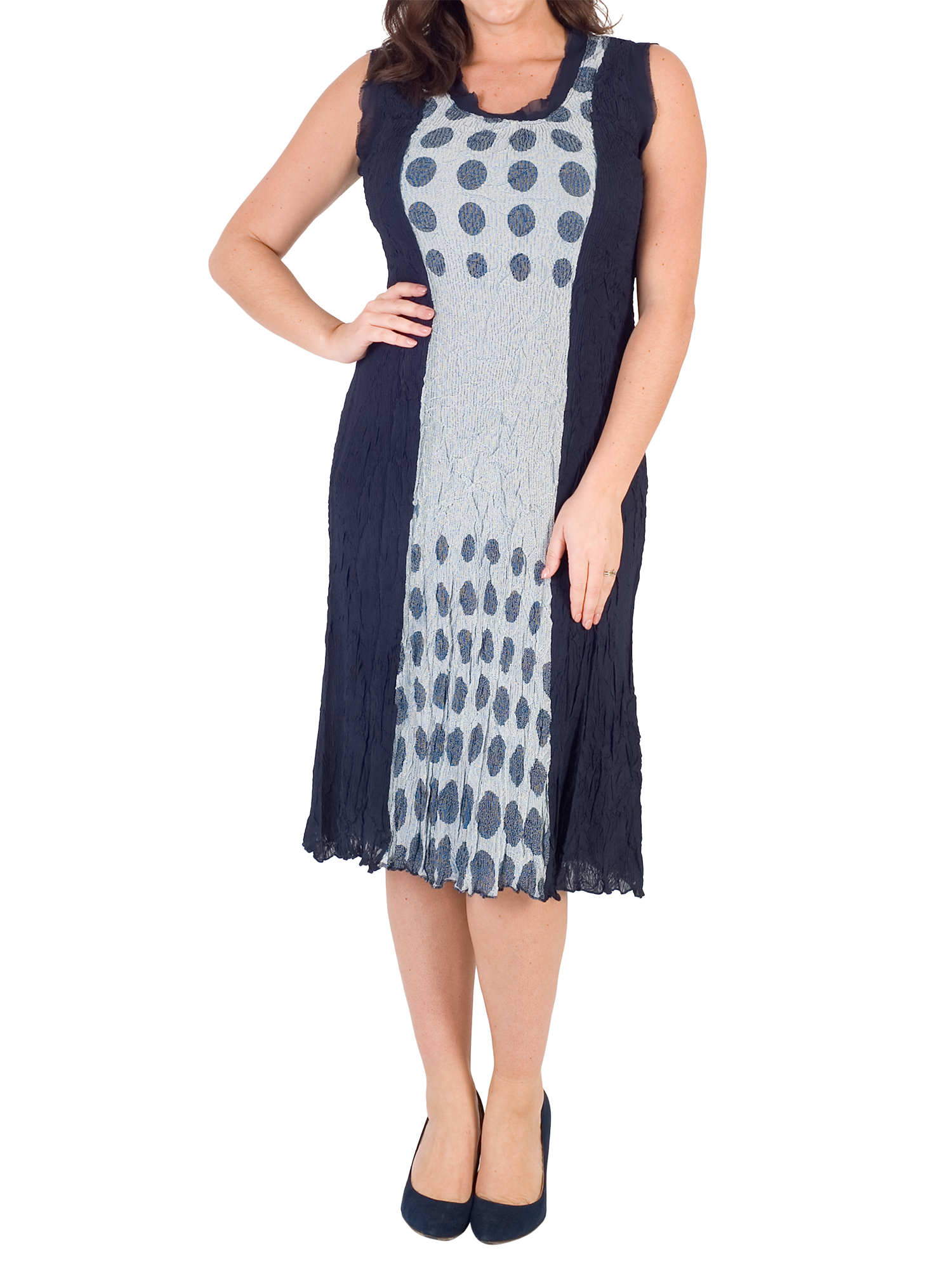 Chesca Spot Trim Crush Pleat Dress, Navy/Ivory