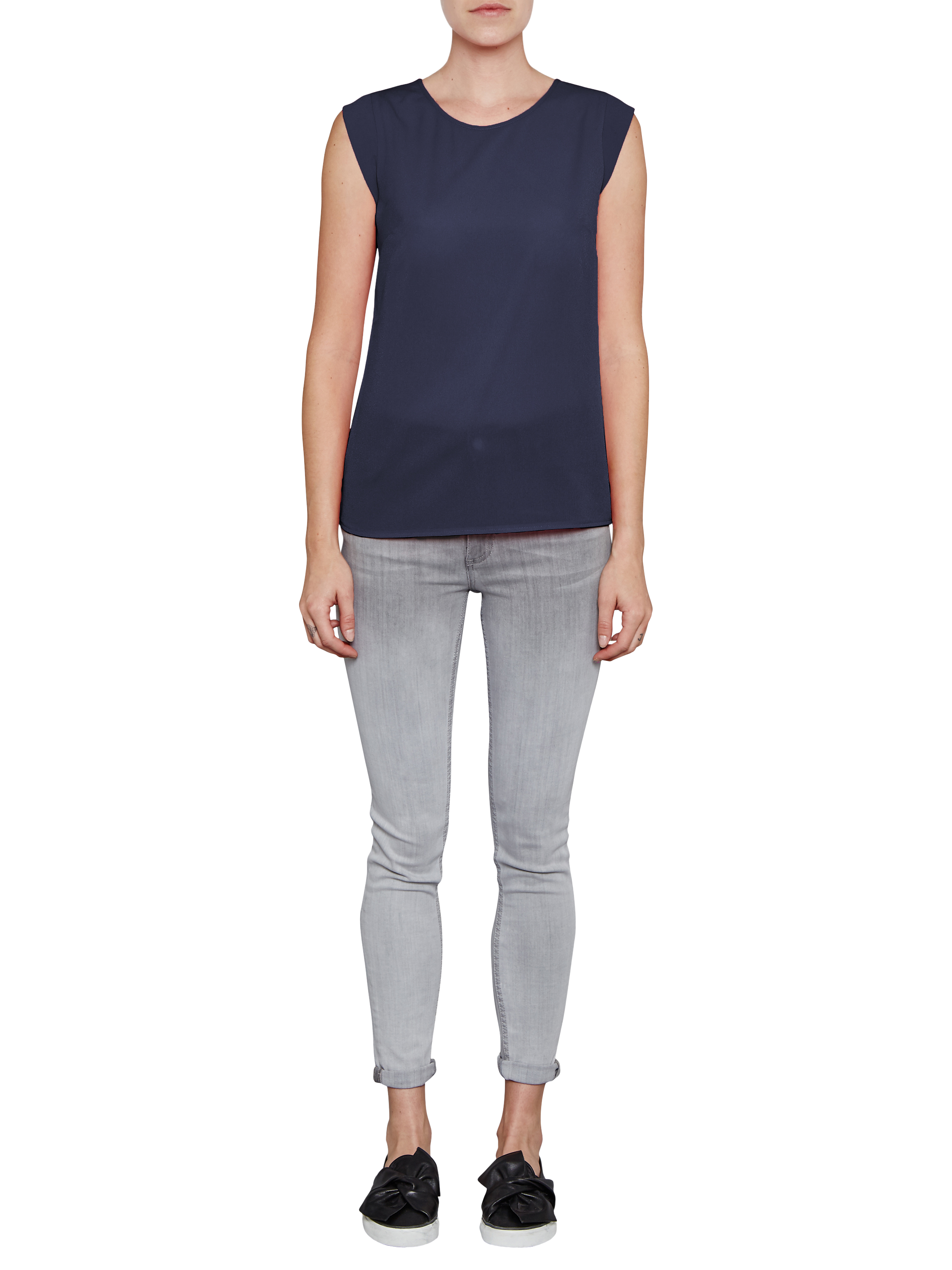 Product image 1 of 3, which shows French Connection Classic Polly Plains Capped Sleeve T-Shirt, Utility Blue, XS