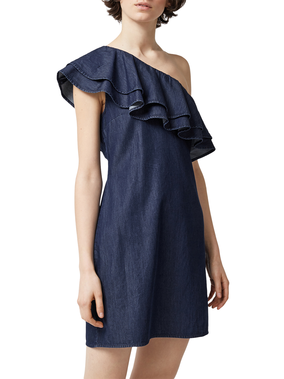 Warehouse Denim One Shoulder Dress, Mid Wash Denim