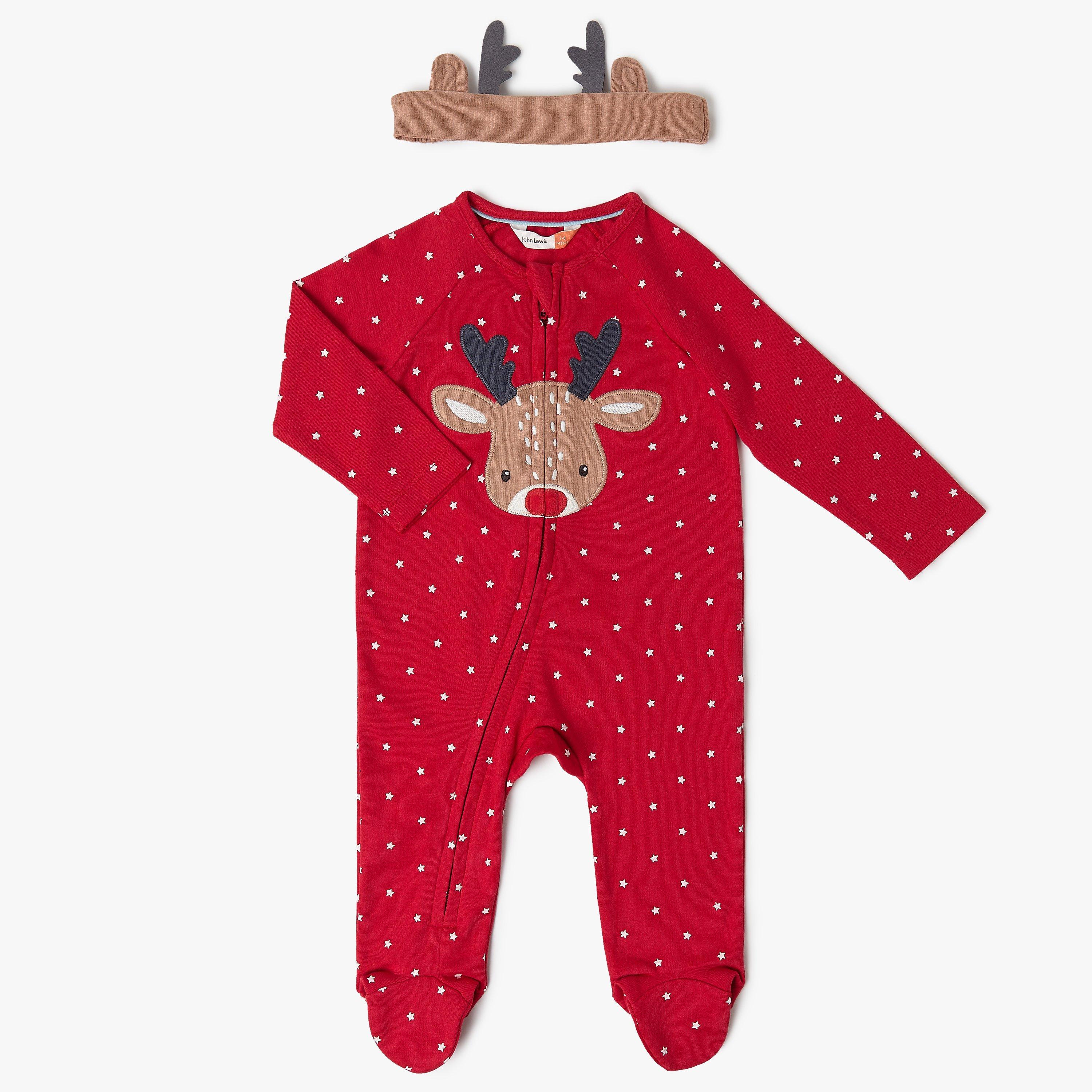 John Lewis Baby Reindeer Star Sleepsuit, Red