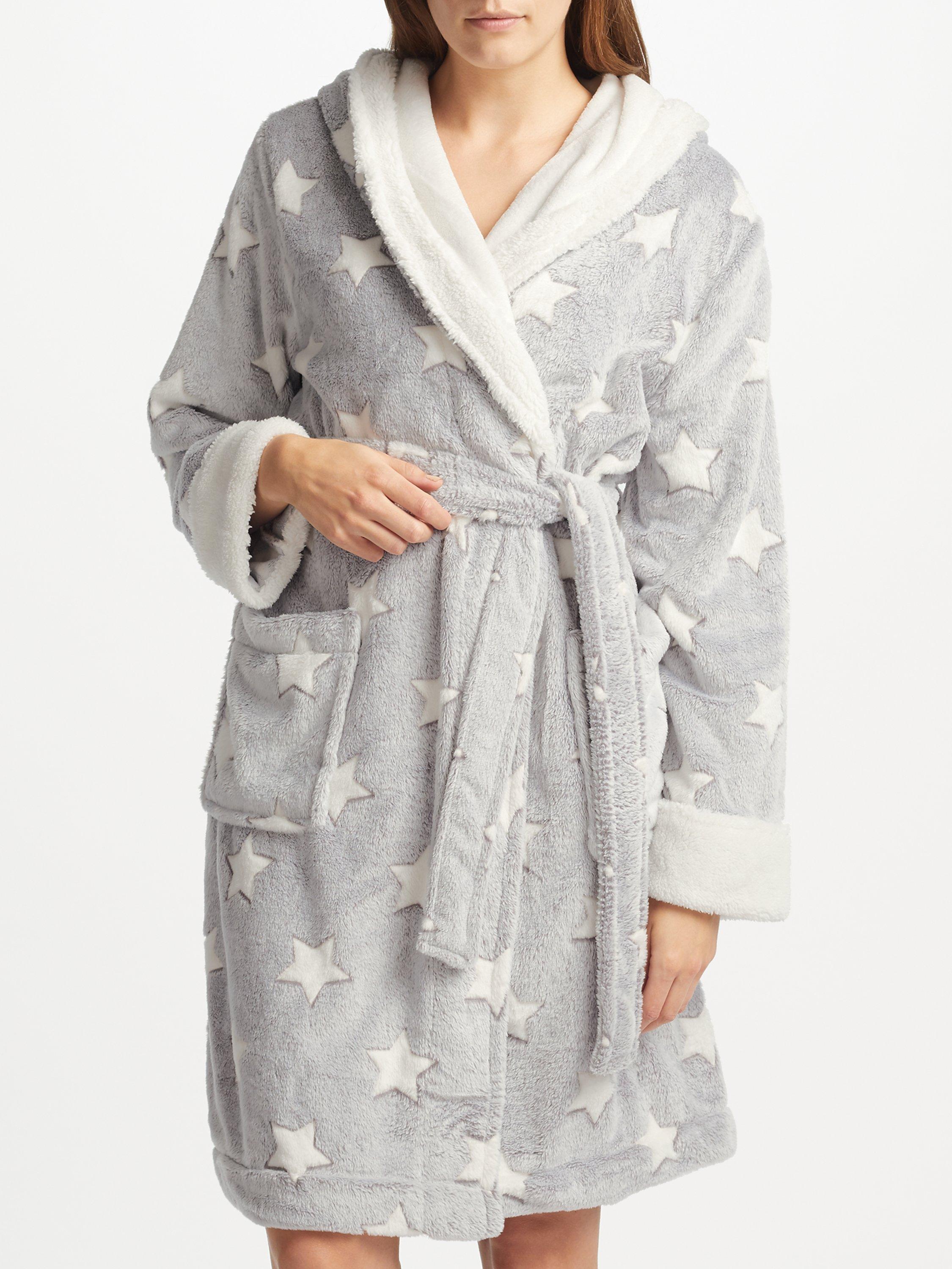 John Lewis Partners Star Embossed Fleece Dressing Gown Grey Ivory