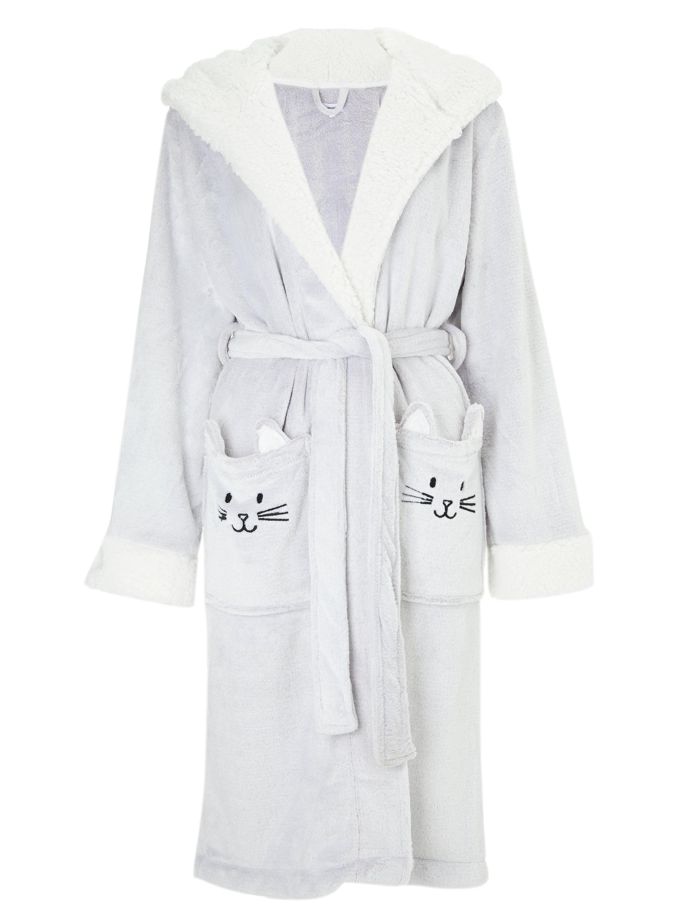 John Lewis Partners Cat Fleece Hooded Dressing Gown Grey
