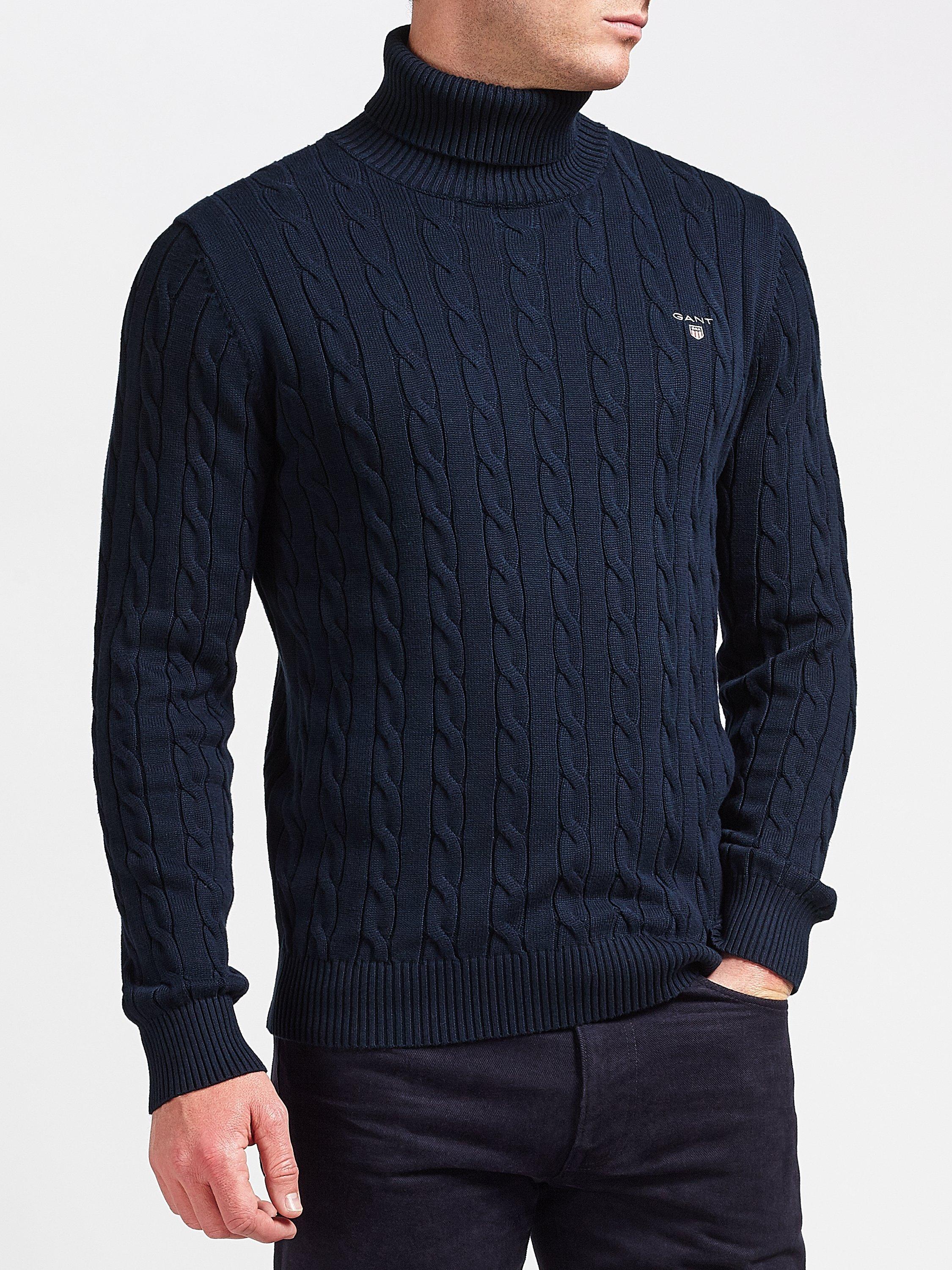Gant Cotton Cable Turtleneck Jumper, Evening Blue