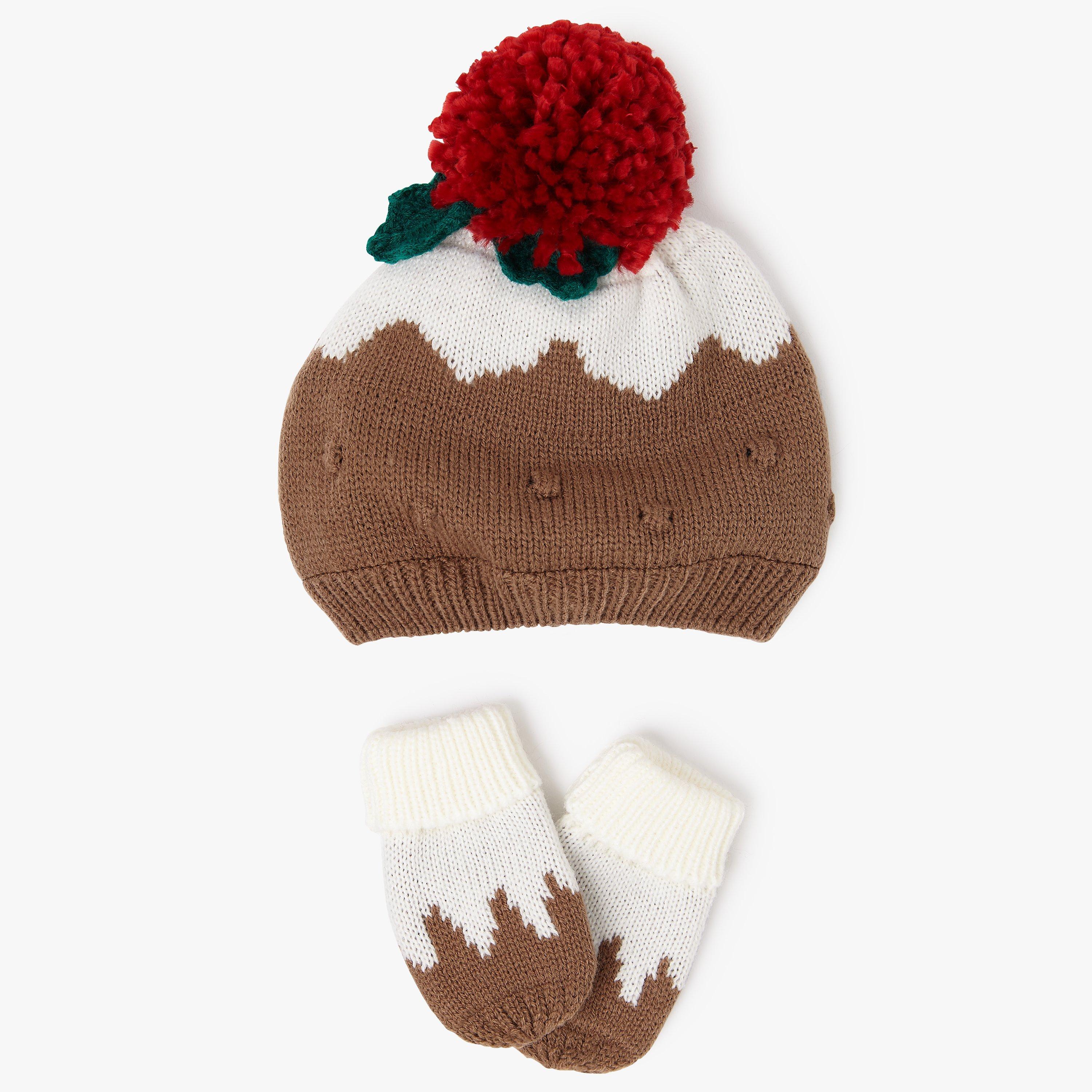 John Lewis & Partners Baby Christmas Pudding Bobble Hat and Mittens Set, Brown