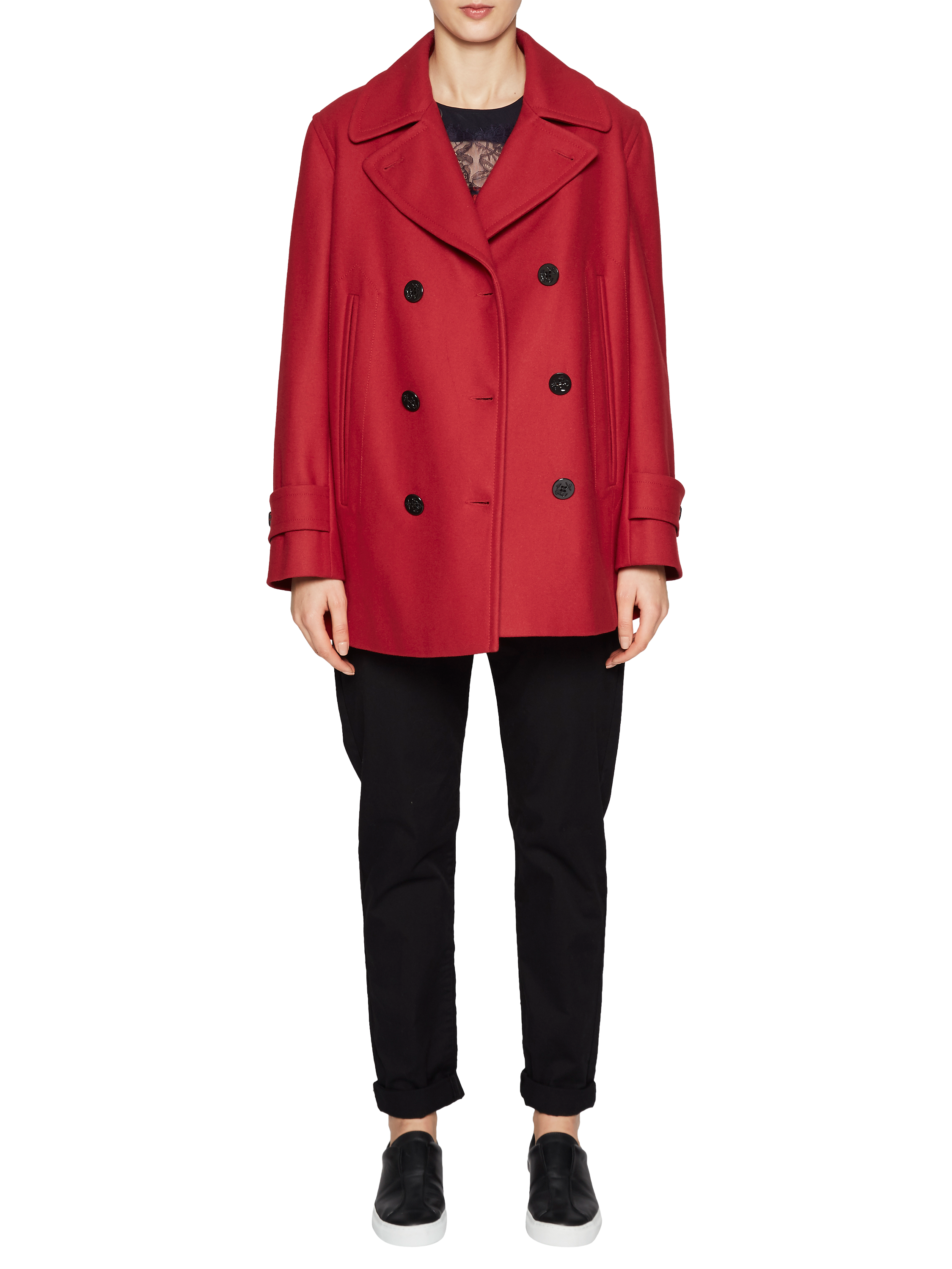 French Connection Platform Felt Long Sleeve Pea Coat, Cranberry Crunch