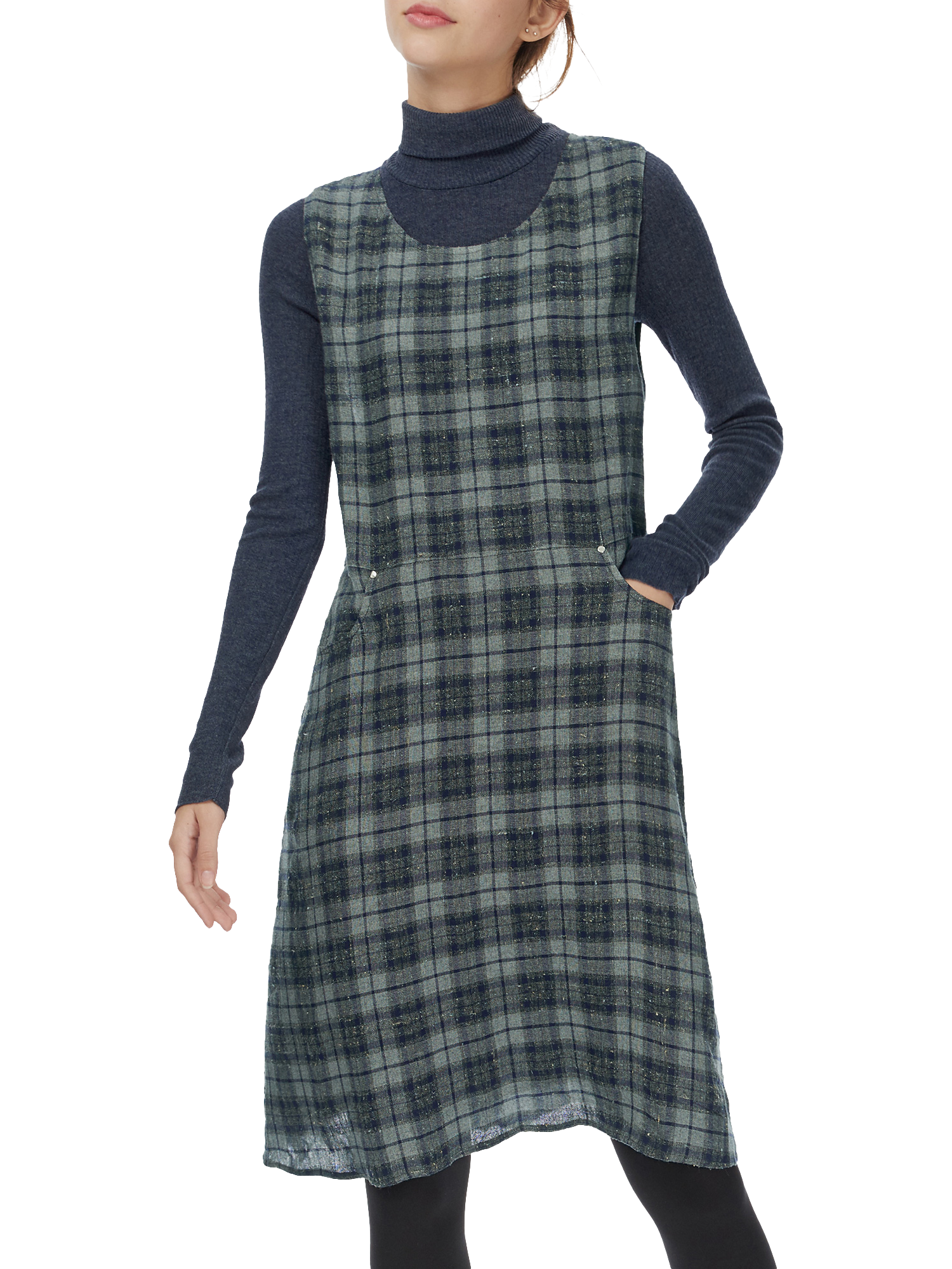 Brora Wool Plaid Pinafore Dress, Navy/Pewter
