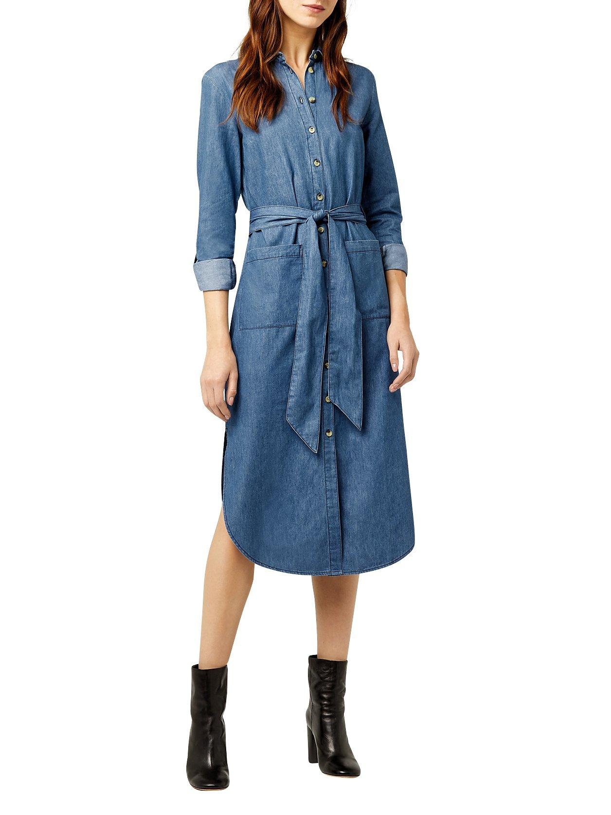 Warehouse Denim Shirt Midi Dress Mid Wash