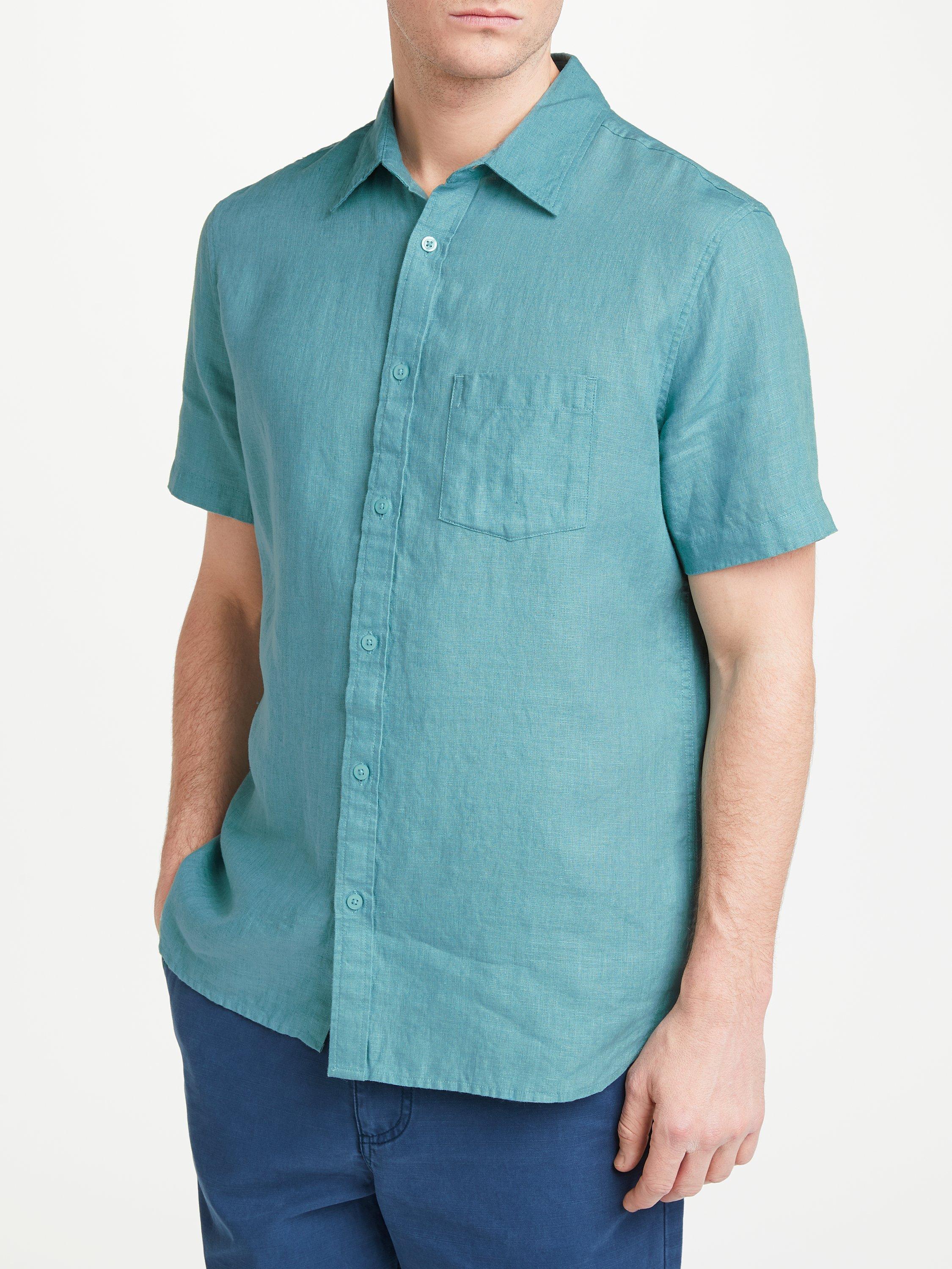 John Lewis & Partners Short Sleeve Linen Shirt, Dusted Aqua, XL