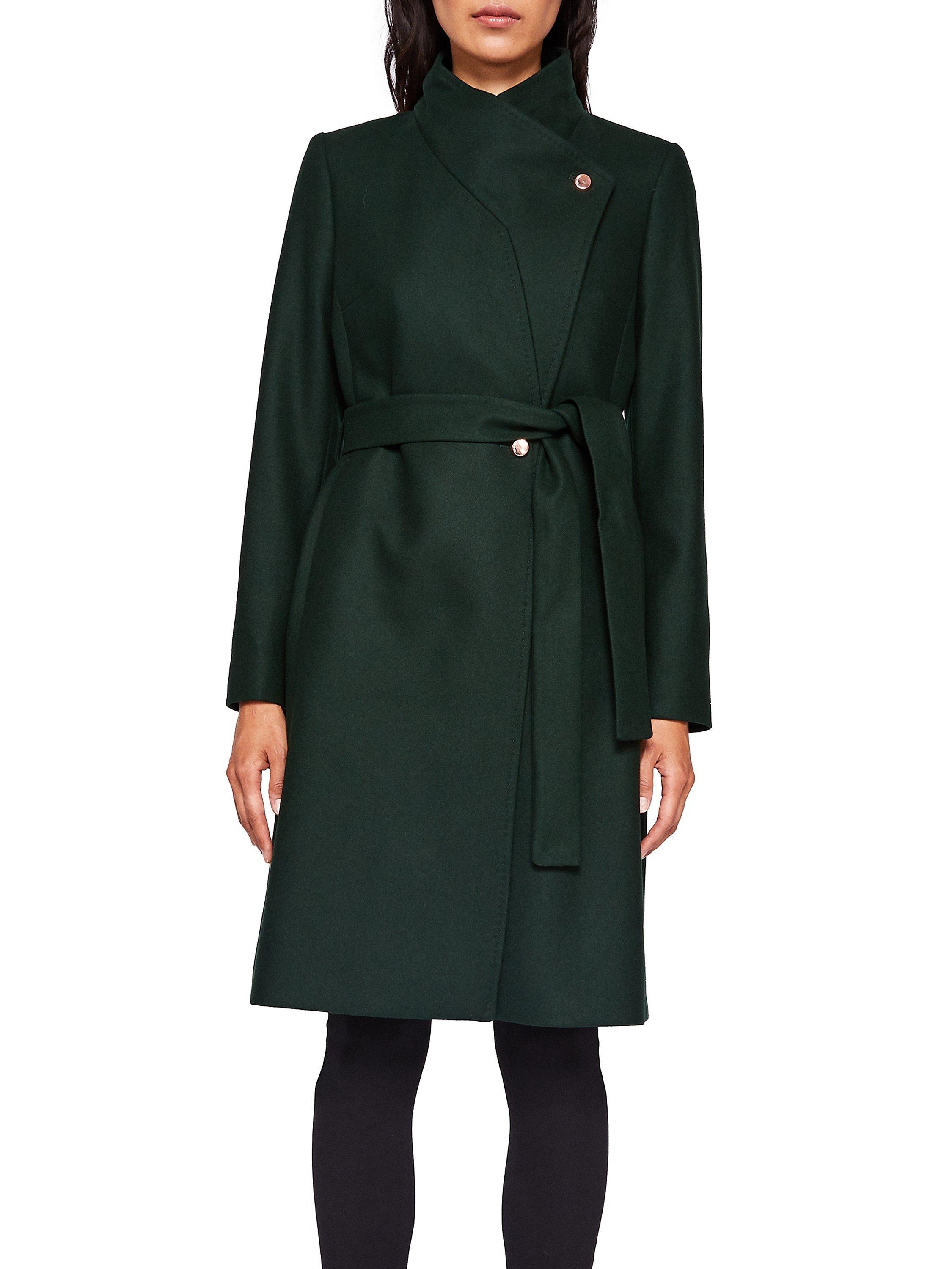 Ted Baker Samiye Long Button Wrap Coat Dark Green