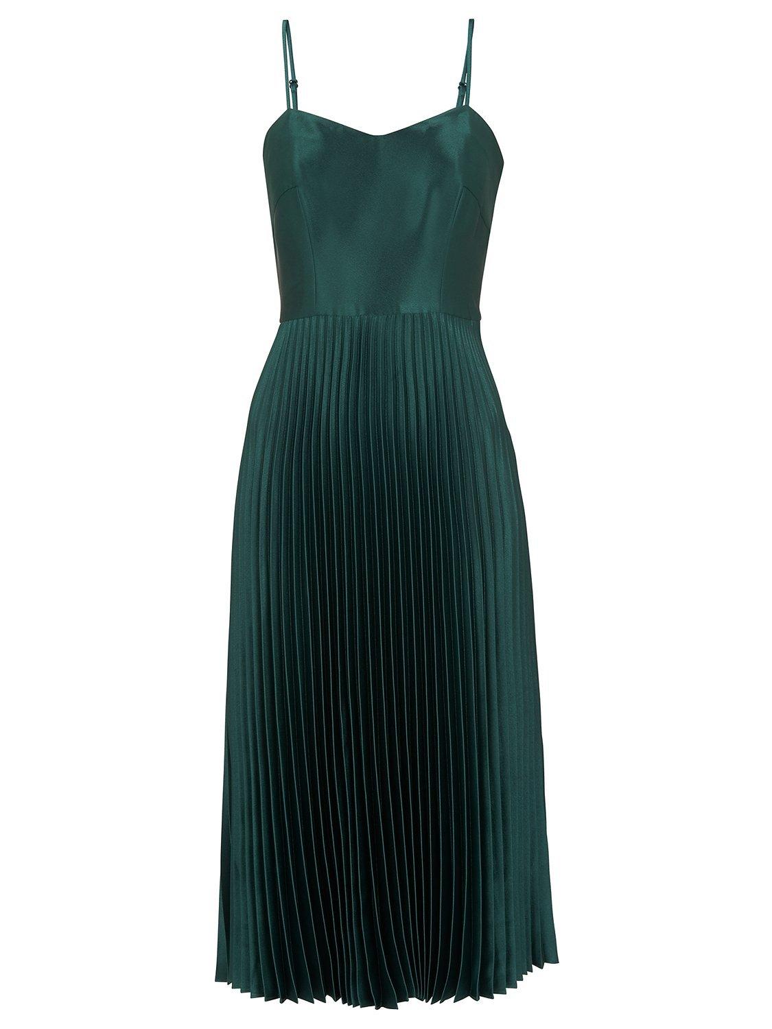 Whistles Satin Pleated Strappy Dress, Mineral Green