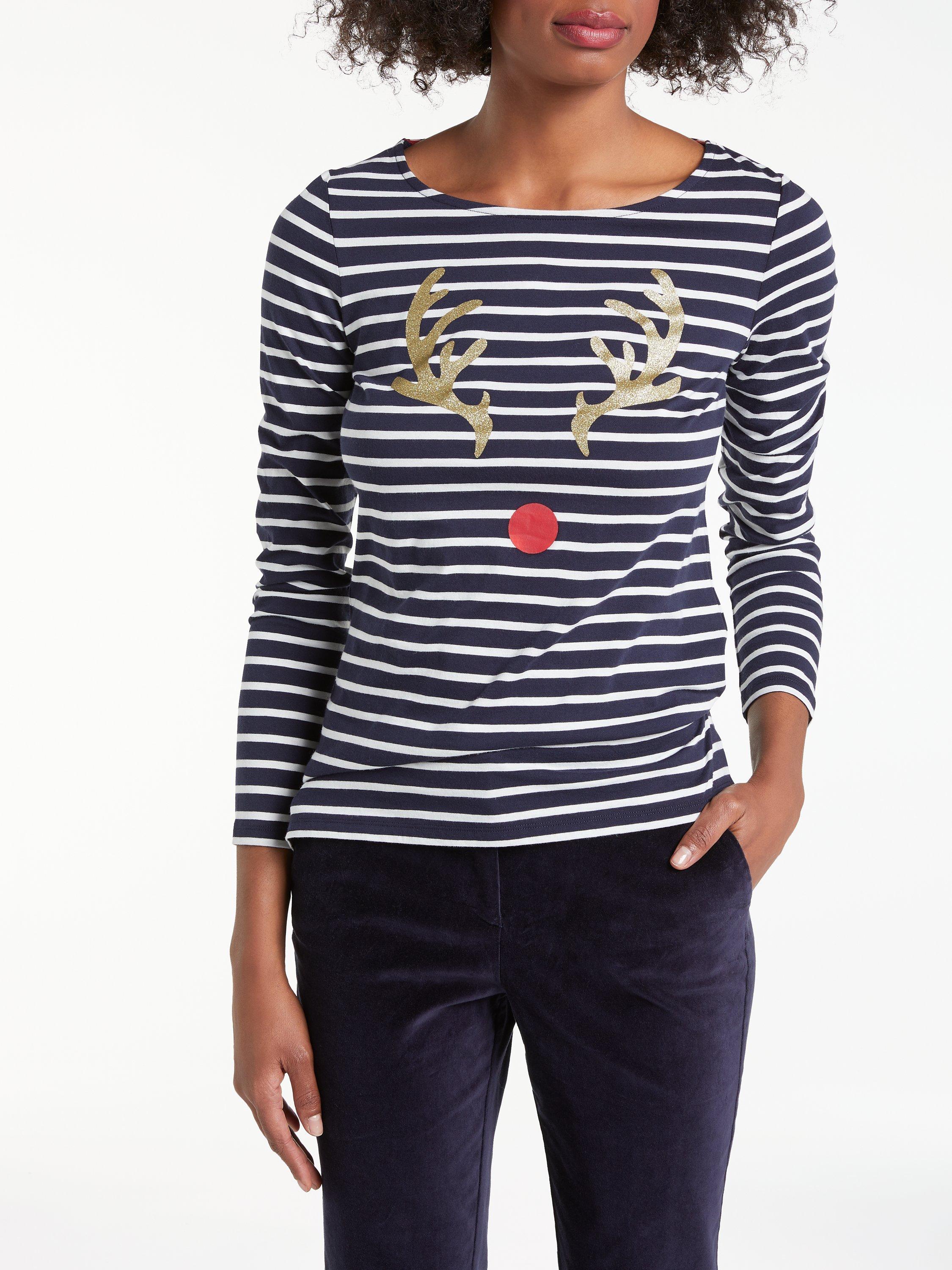 Boden Christmas Reindeer Breton Top, Navy/Ivory