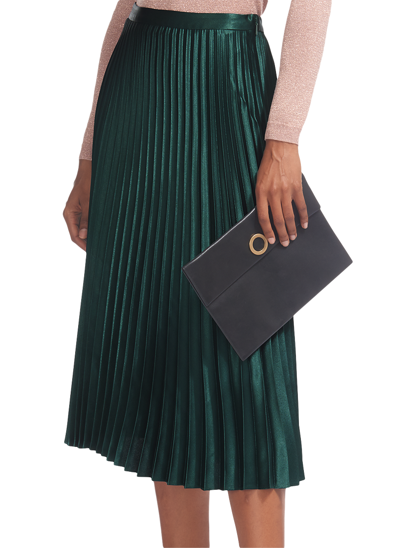 Whistles Satin Pleated Skirt Dark Green