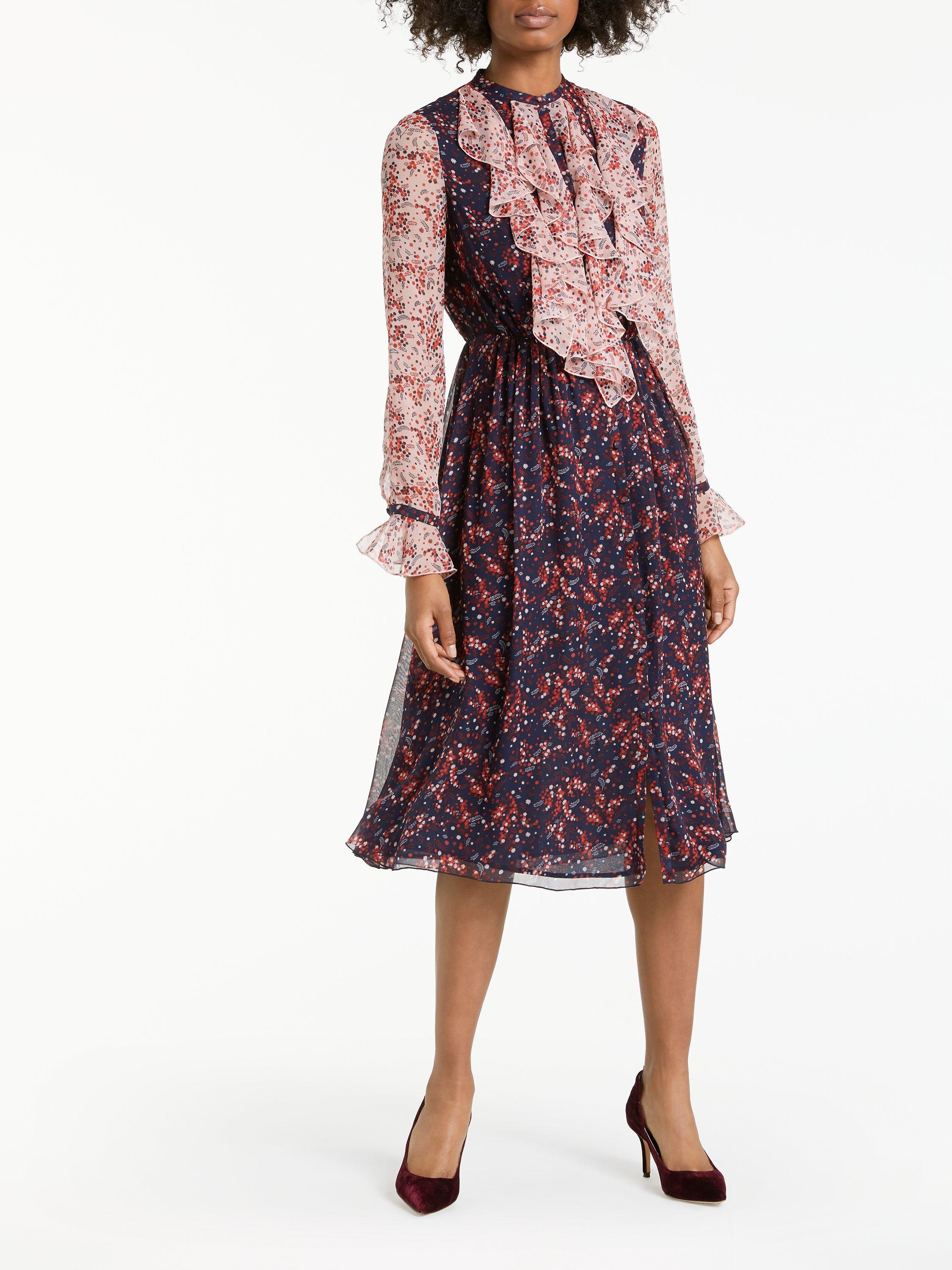 Boden Winifred Midi Frill Floral Dress, Spiced Plum/Marshmallow