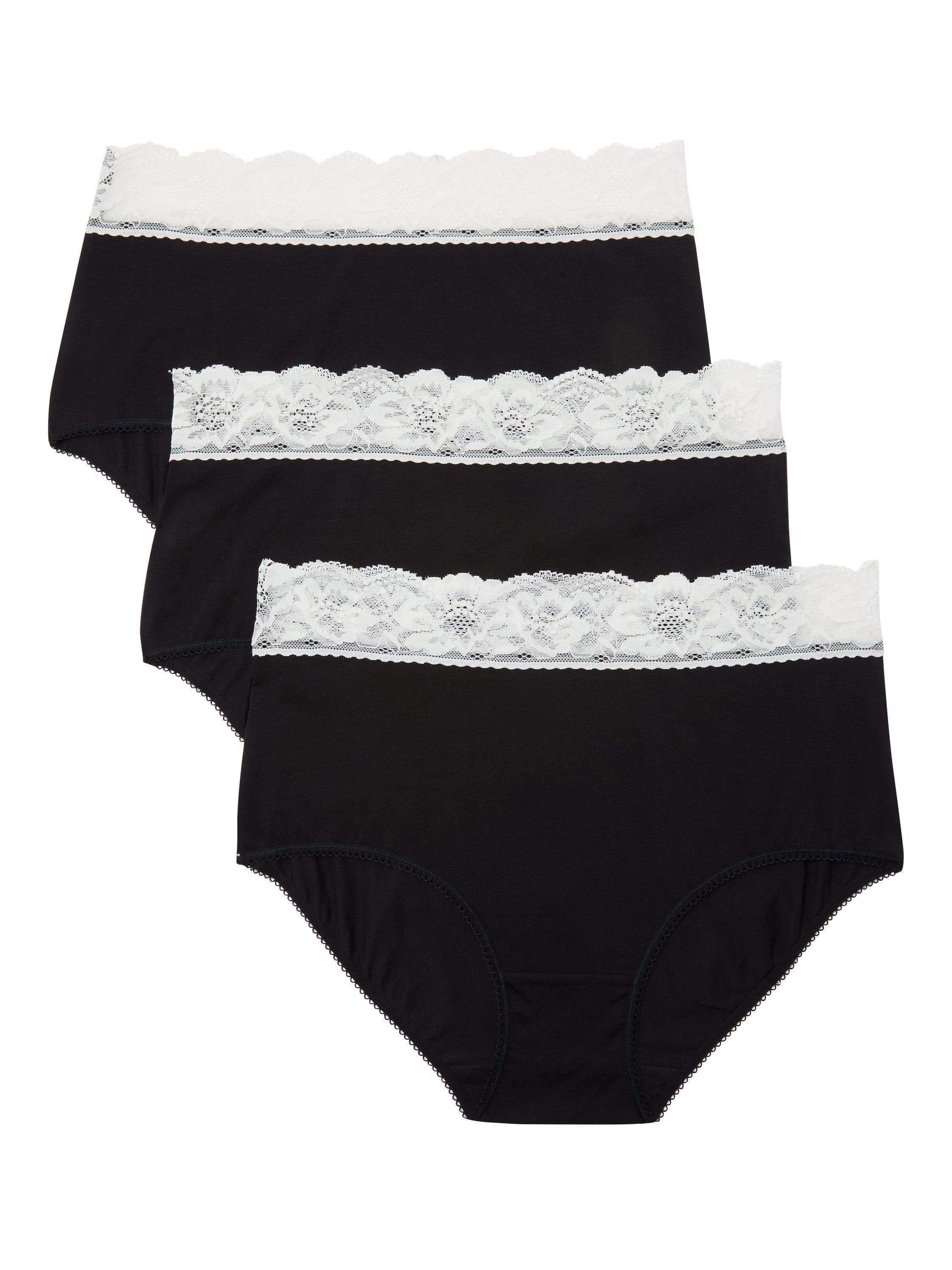 Product image 1 of 5, which shows John Lewis Lace Trim Full Briefs, Pack of 3, Black/Cream, 10
