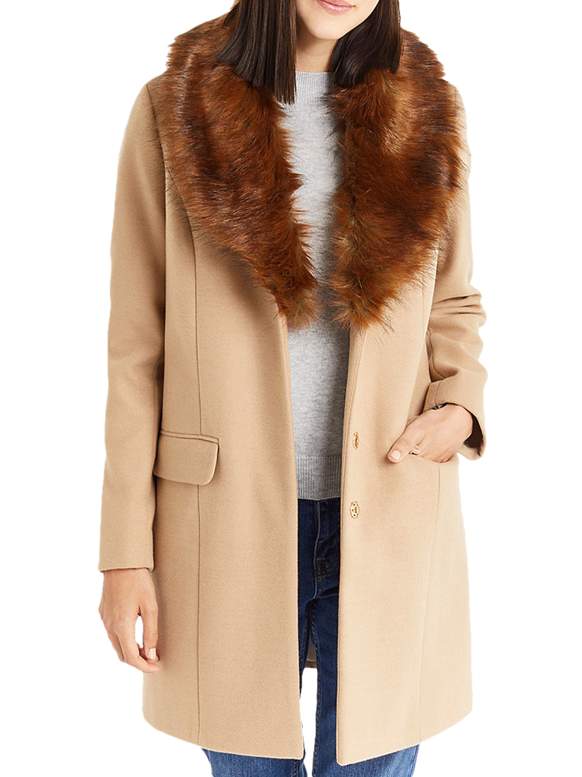 Oasis Fran Shawl Faux Fur Collar Coat, Tan