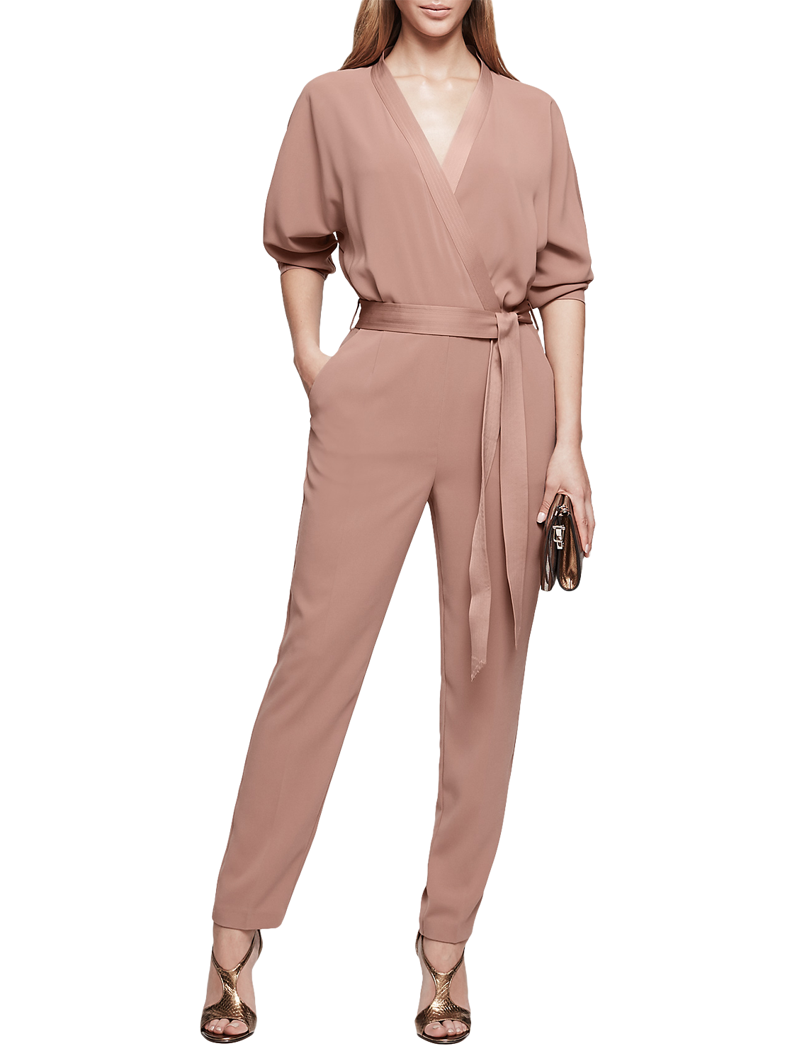 Reiss Etta Wrap Front Long Sleeve Jumpsuit