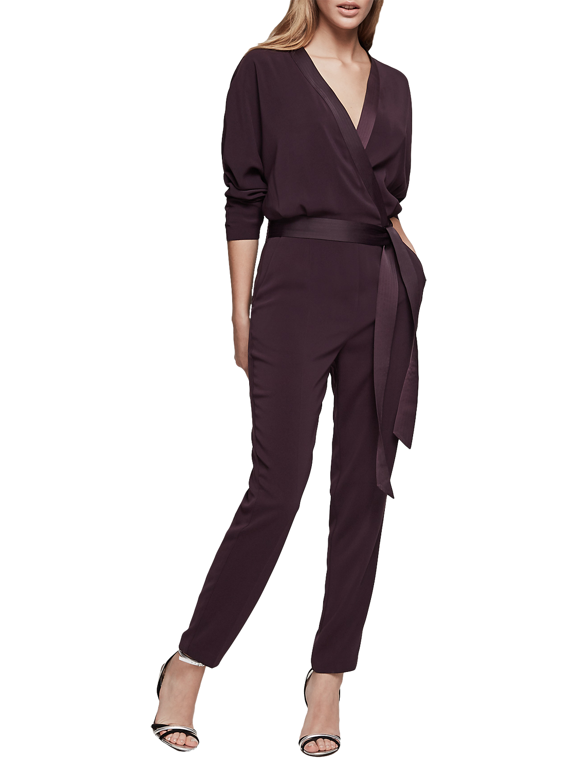 Reiss Etta Wrap Front Long Sleeve Jumpsuit, Ox Blood