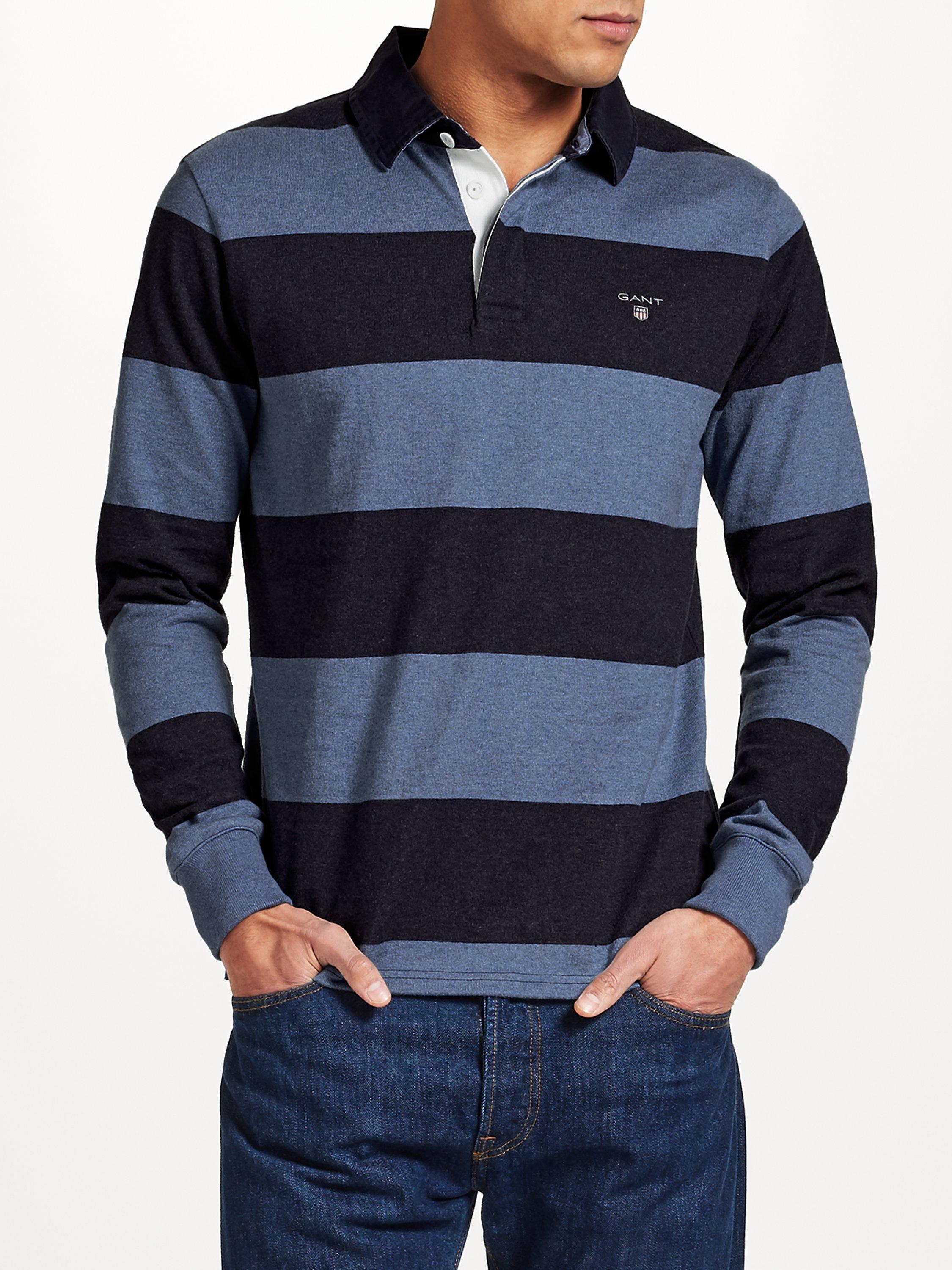 GANT Rugger Bar Stripe Heavy Jersey Rugby Shirt, Denim Blue 