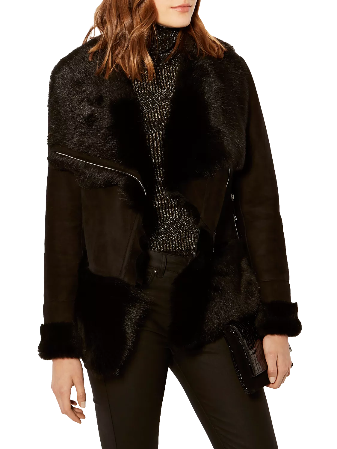 Karen Millen Luxury Shearling Leather Jacket Black