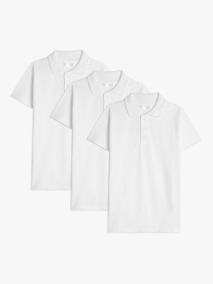 John Lewis Kids' Pure Cotton Short Sleeve School Polo Shirt, Pack of 3, White, White
