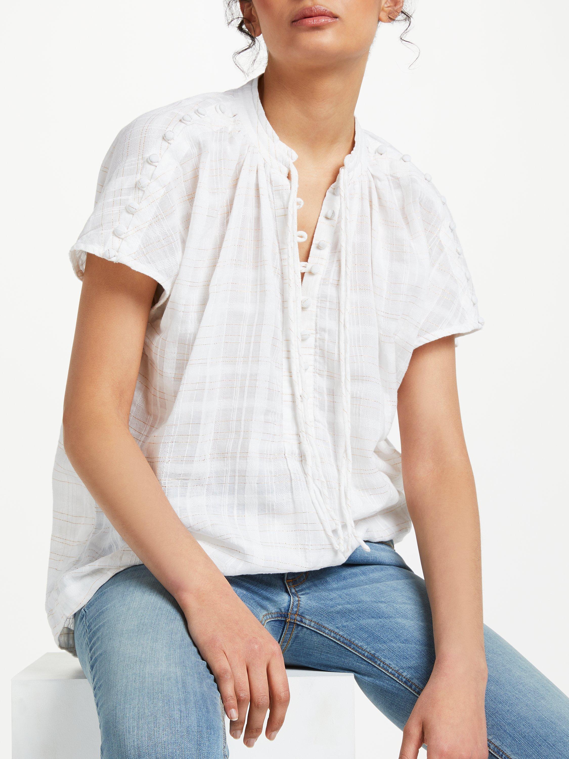 AND/OR Avery Metallic Sparkle Check Blouse, White/Gold