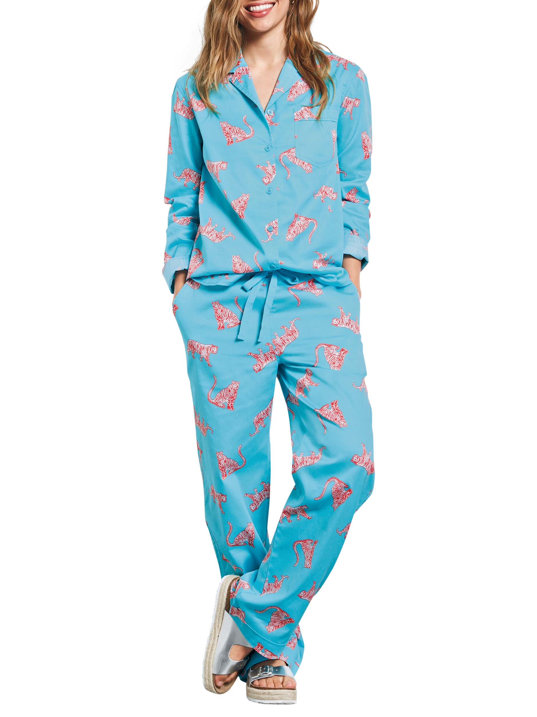hush Tiger Cotton Pyjama Set, Radiance/Coral, Long, Radiance/Coral