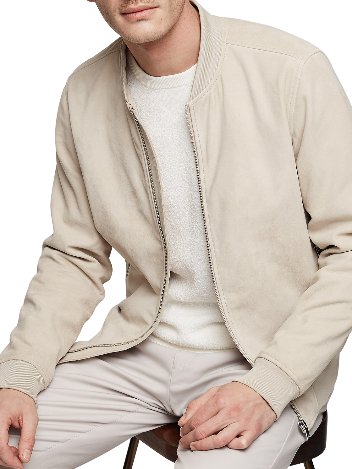 Reiss Venice Suede Bomber Jacket, Stone