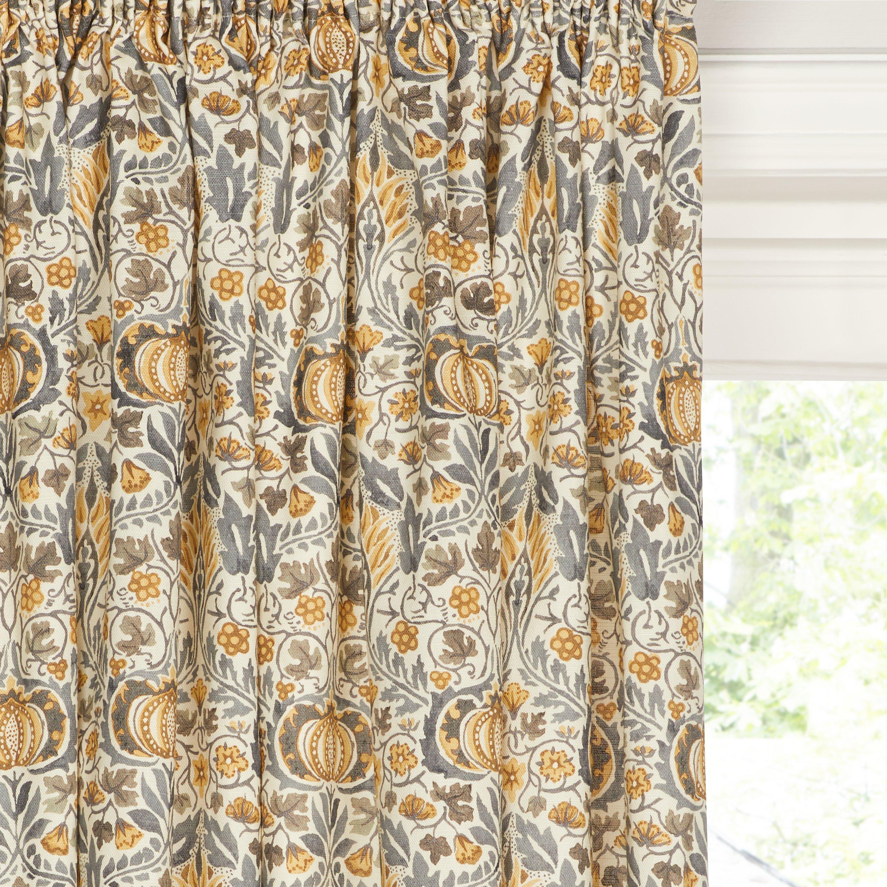 Morris & Co. Little Chintz Pair Lined Pencil Pleat Curtains, Grey / Yellow