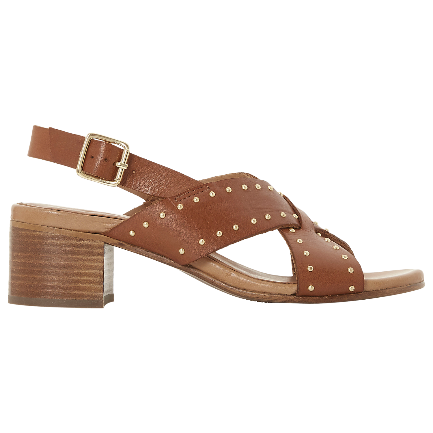Bertie Indygo Studded Strap Block Heel Sandals, Tan Leather
