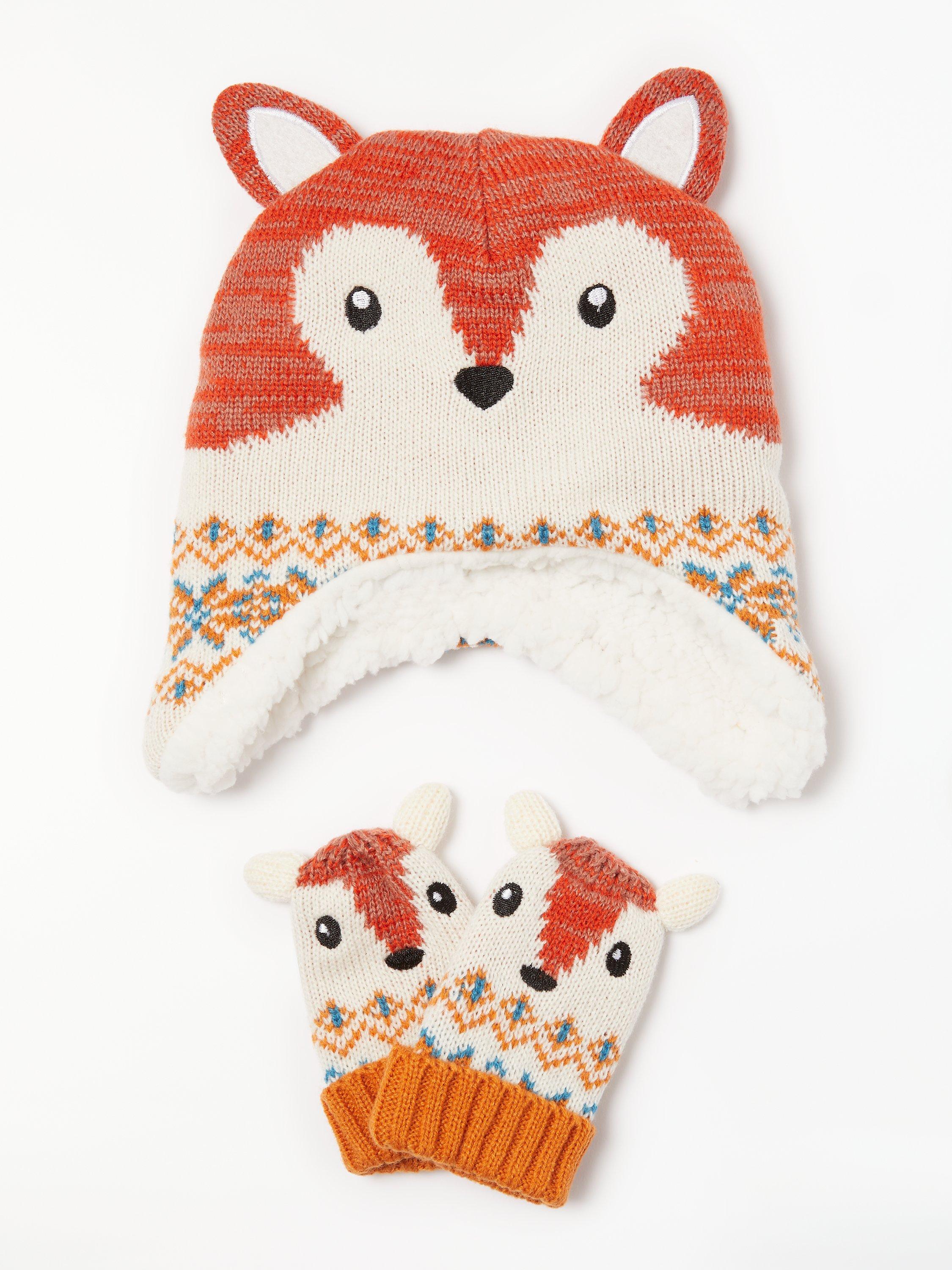 John Lewis & Partners Baby Fairisle Fox Hat and Mitt Set, Brown