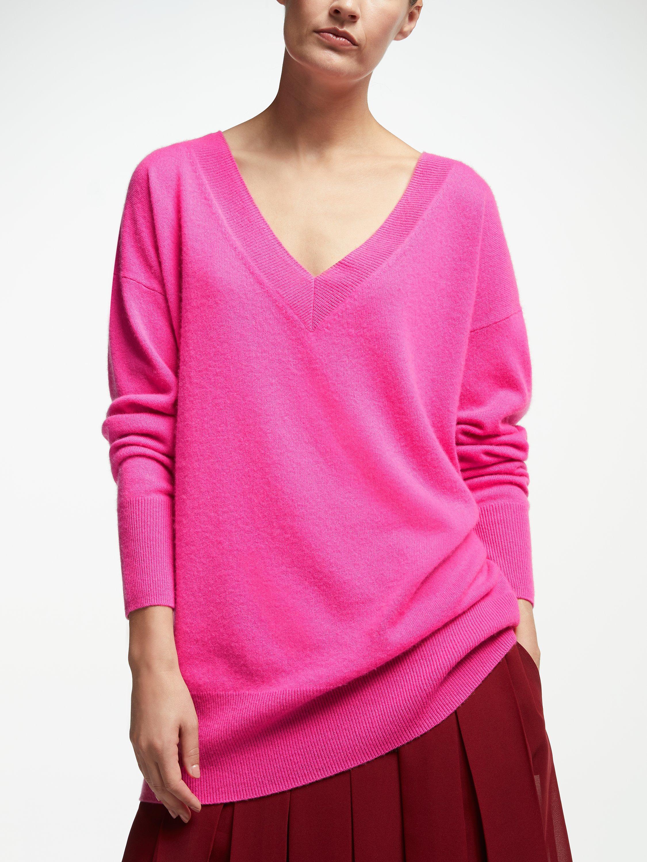 John Lewis & Partners Cashmere Relaxed V-Neck Sweater, Raspberry, 8