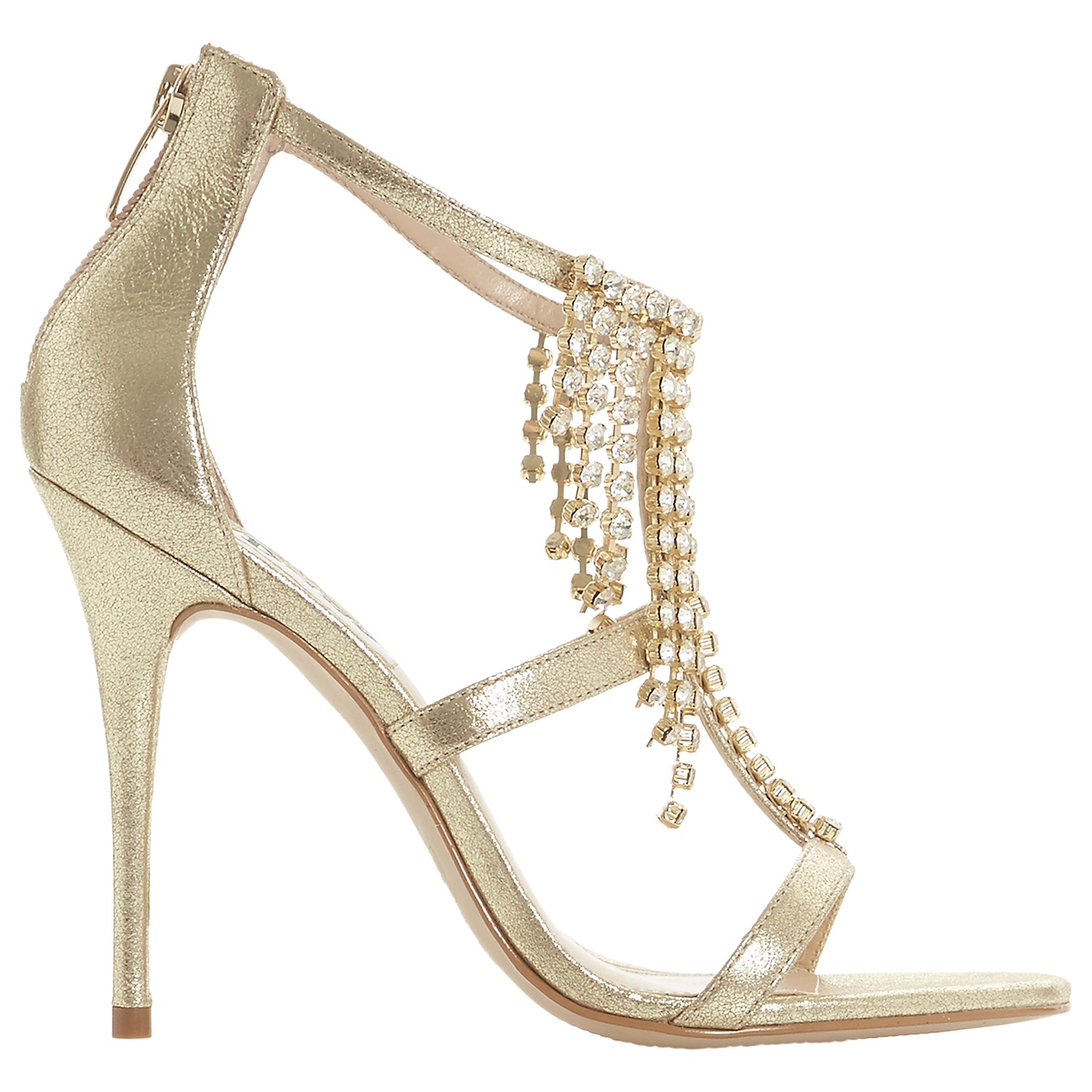 Dune Marchella Jewelled T-Bar Stiletto Heel Sandals, Gold Leather 