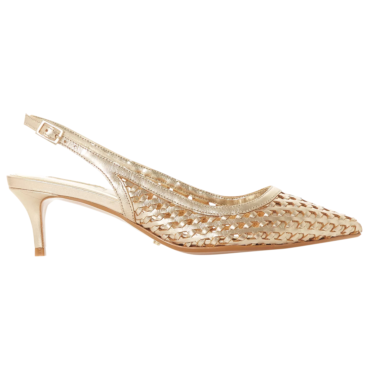 Dune Crochet Kitten Heel Slingback Court Shoes Gold Leather
