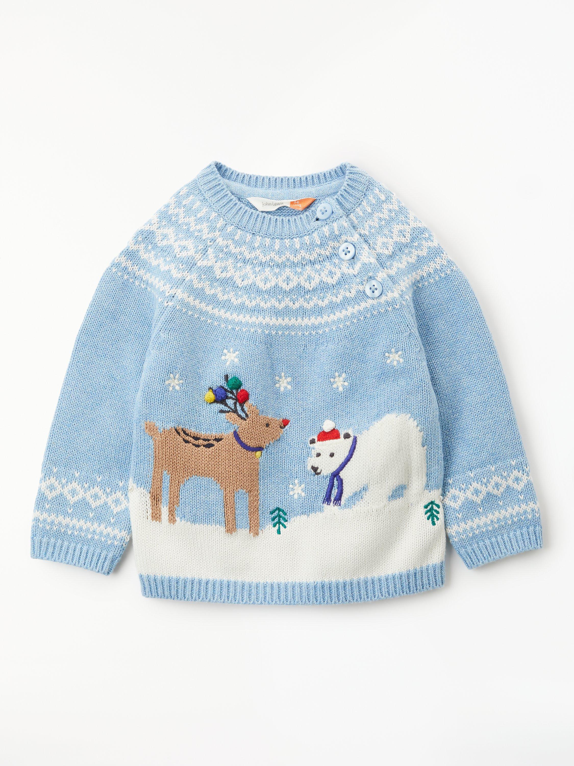 John Lewis Baby Reindeer and Polar Bear Christmas Jumper Blue