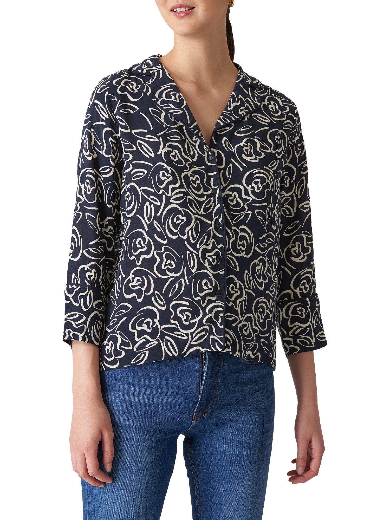 Product image 1 of 3, which shows Whistles Rose Print Shirt, Black/Multi, XS