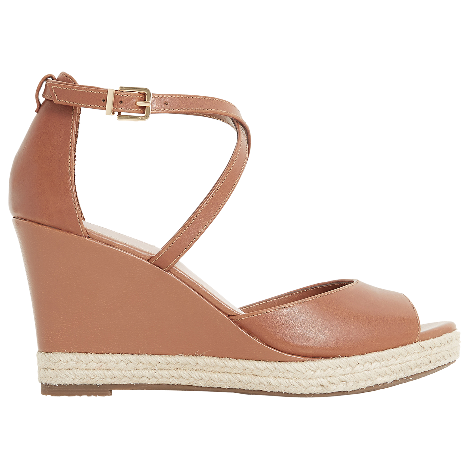 Dune Kestrel Cross Strap Wedge Sandals Tan Leather
