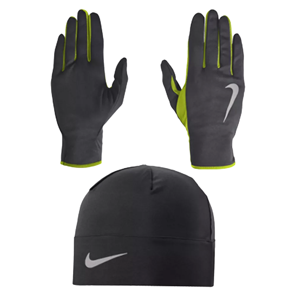 Nike Dri Fit Men s Running Beanie Hat and Glove Set Athracite Volt Silver