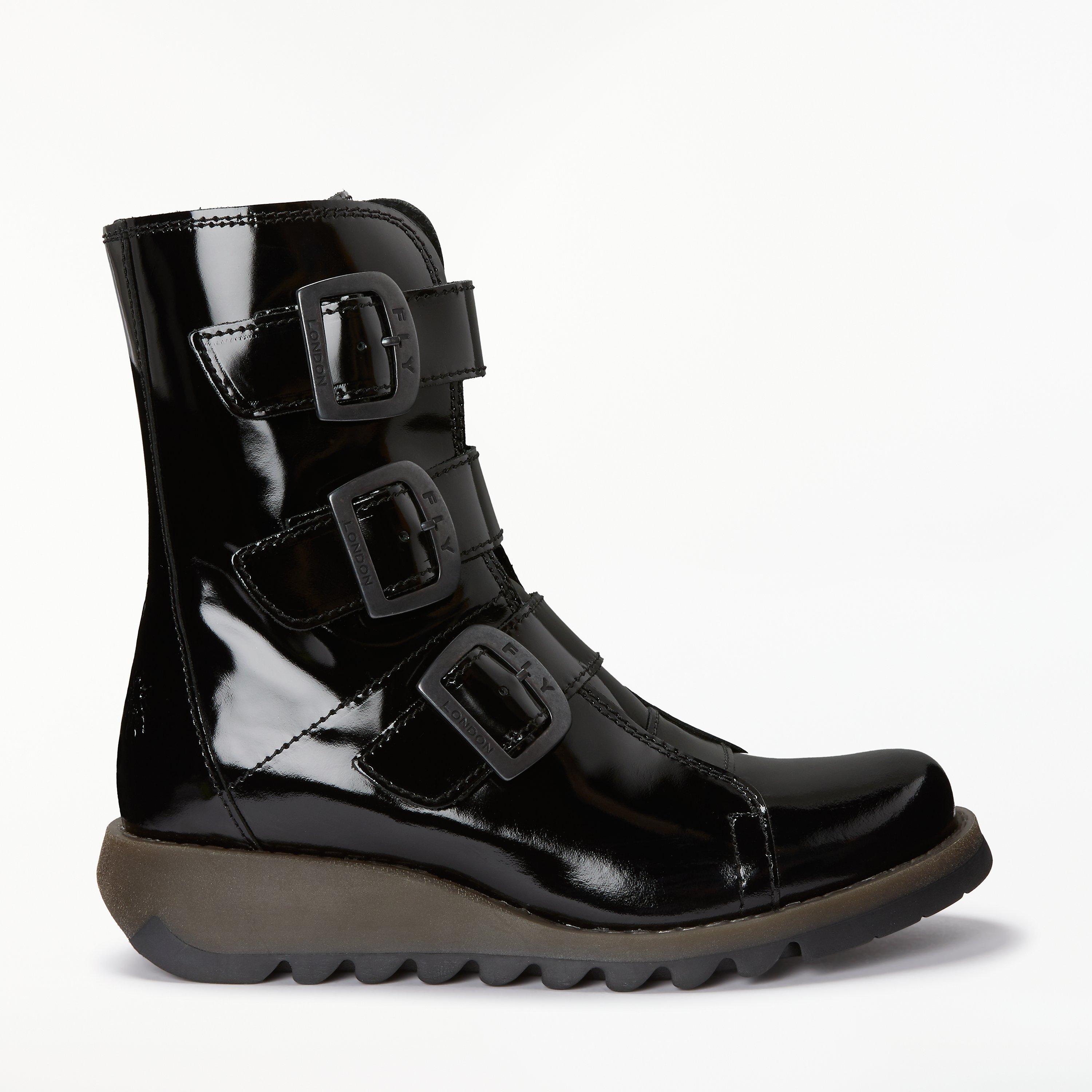 Fly London Scop Triple Buckle Ankle Boots, Black Patent