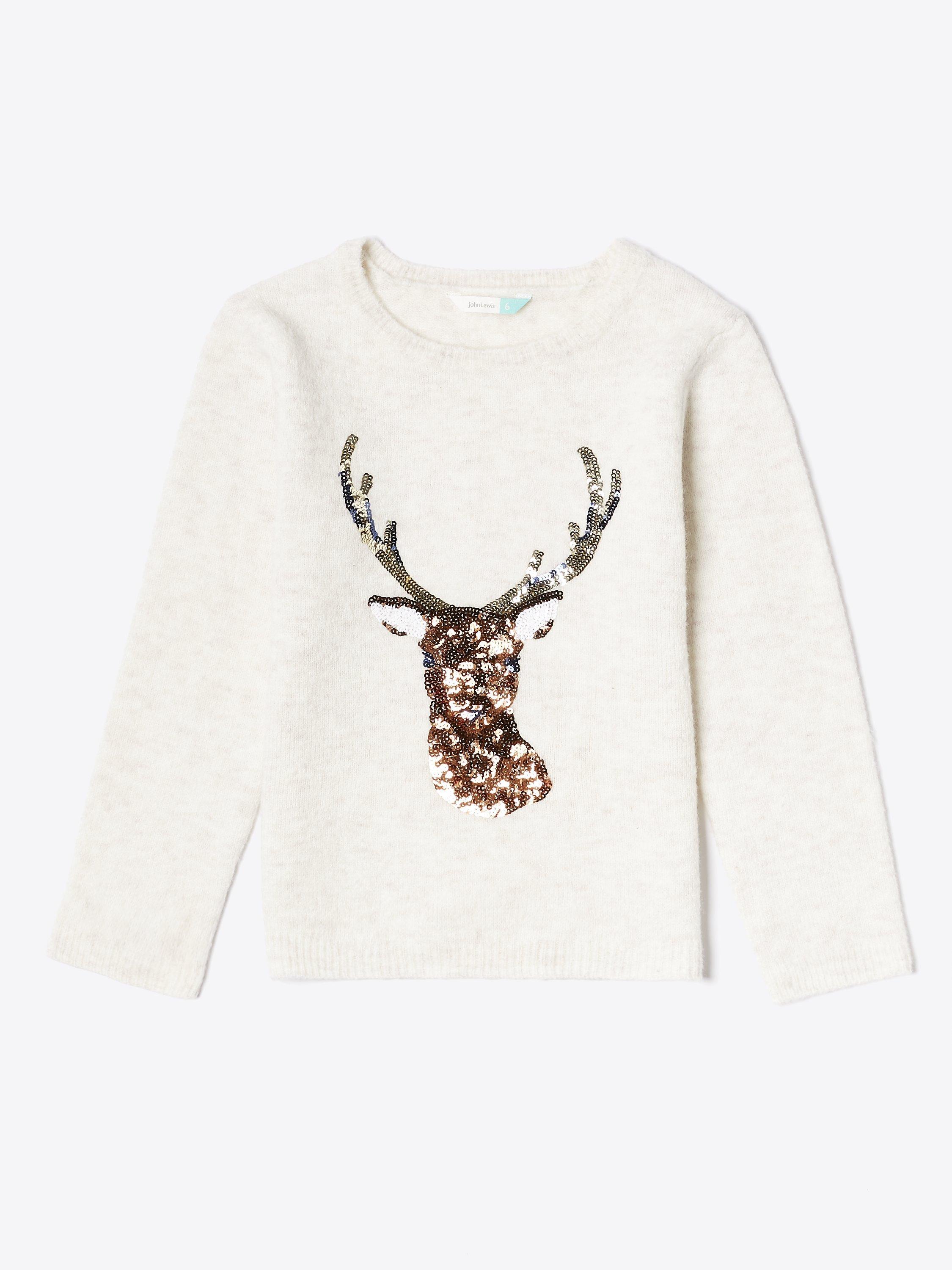 John Lewis & Partners Girls' Reindeer Sequin Jumper, Cream