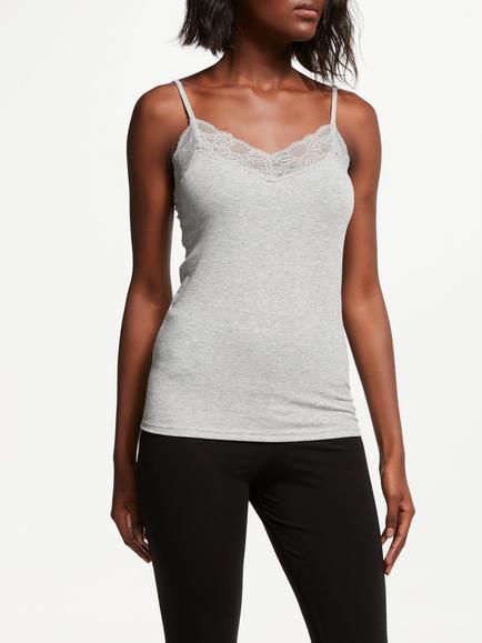John Lewis Heat Generating Ribbed Lace Trim Thermal Vest, Grey