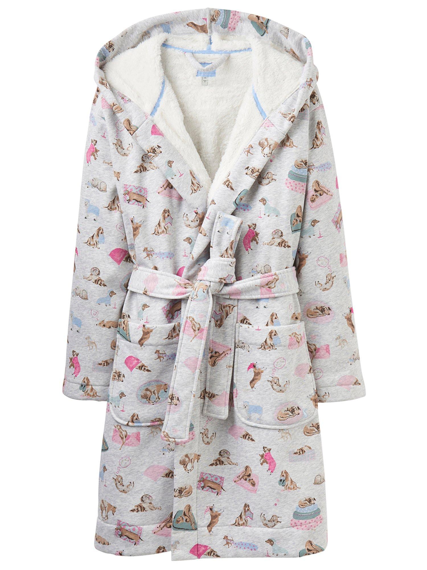Joules Idlewhile Dog Print Fleece Dressing Gown Grey